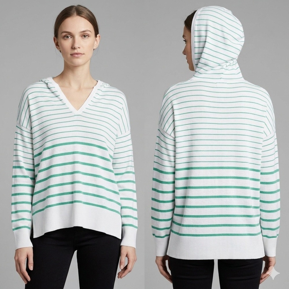 Madison Grey New York Hoodie Womens XL Sweater Striped Knit Hoodie V-Neck Green
